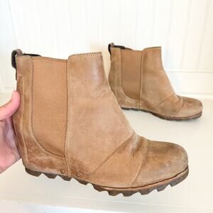 Sorel Lea Joan of Arctic Leather Wedge Ankle Bootie Brown 10.5